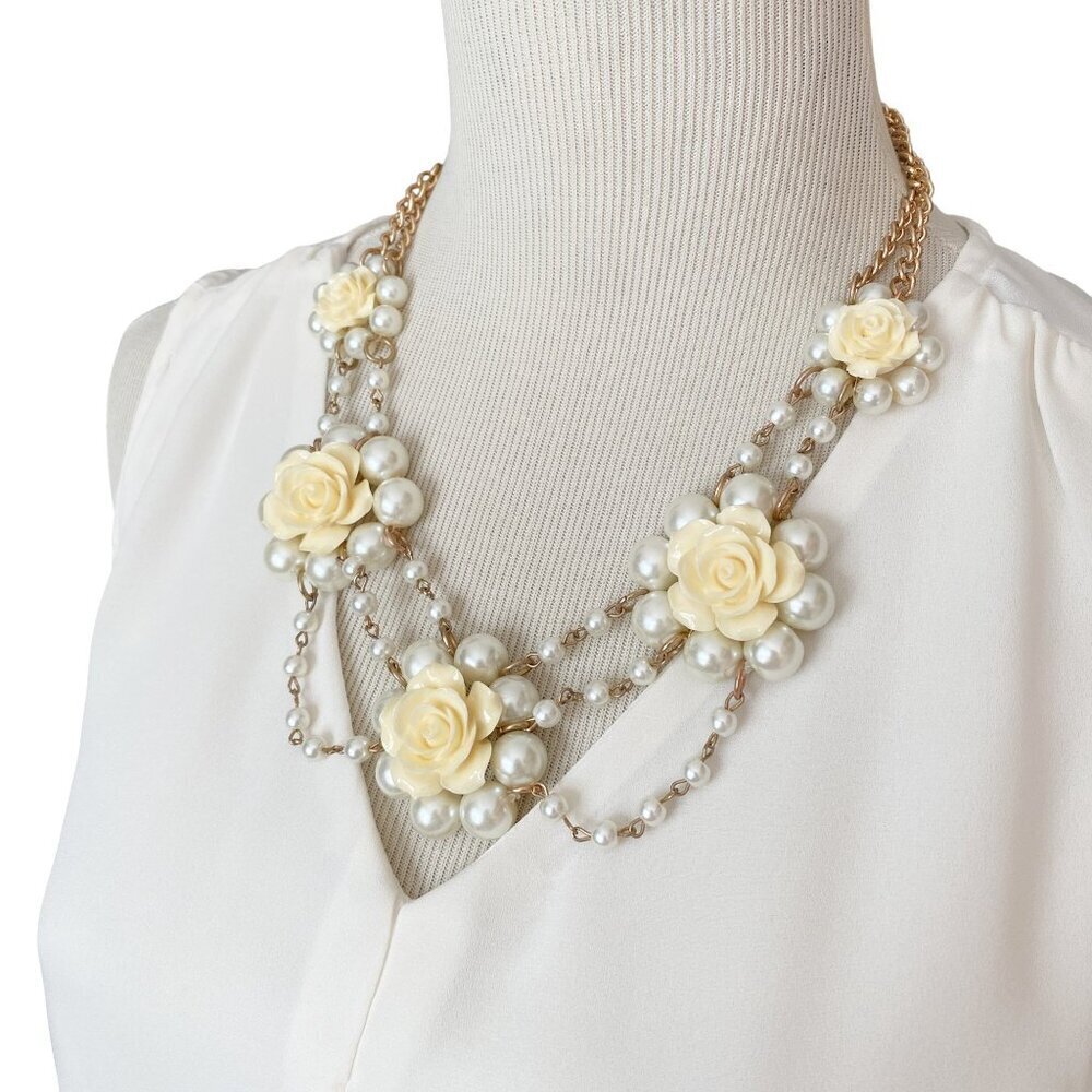 White Lucite Rose Bib Statement Necklace with White Pearls Adjustable Length - Picture 2 of 4